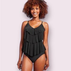 Aqua Green® UPF 50 Tiered Tankini Top in Black